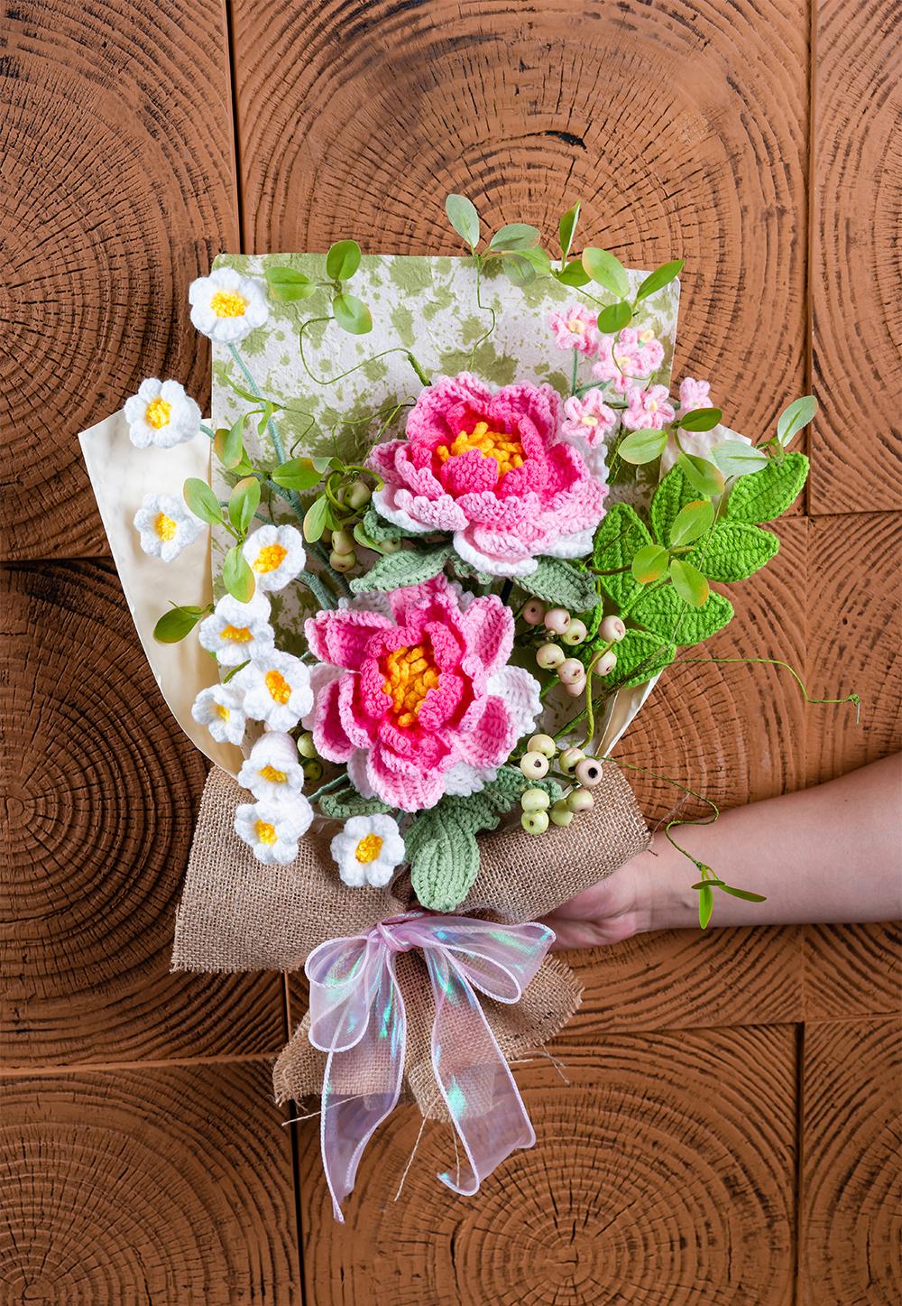 Crochet Flowers Bouquet, Handmade Finished Knitted Flower Bouquet for Birthday Housewarming Gift, Peony Bouquet for Home Decor