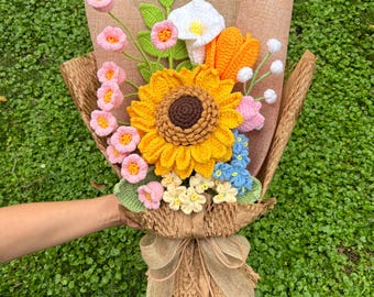 Crochet Flowers Bouquet Handmade, Sunflower, Lily, Tulip for Mother, Finished Product, Anniversary, Birthday, Christmas, Gift For Her