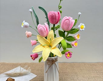 Crochet Flowers Bouquet, Lily,Sunflower,Peony, Handmade Home Decor, Finished Product, Birthday, Girlfriend, Mom, Grandma, Wife, Gift For Her