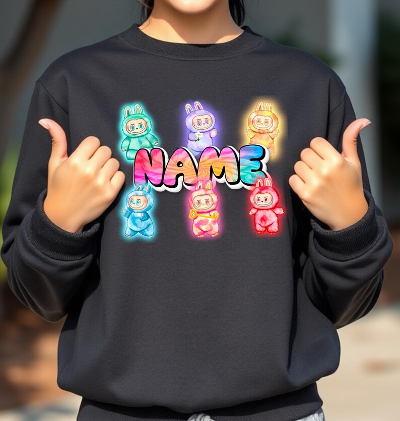 Personalized Neon Monster Plush Doll Sweatshirt, Kawaii Anime Crewneck, Viral Trendy Sweater image 5