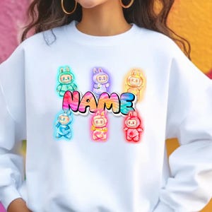 Personalized Neon Monster Plush Doll Sweatshirt, Kawaii Anime Crewneck, Viral Trendy Sweater image 9