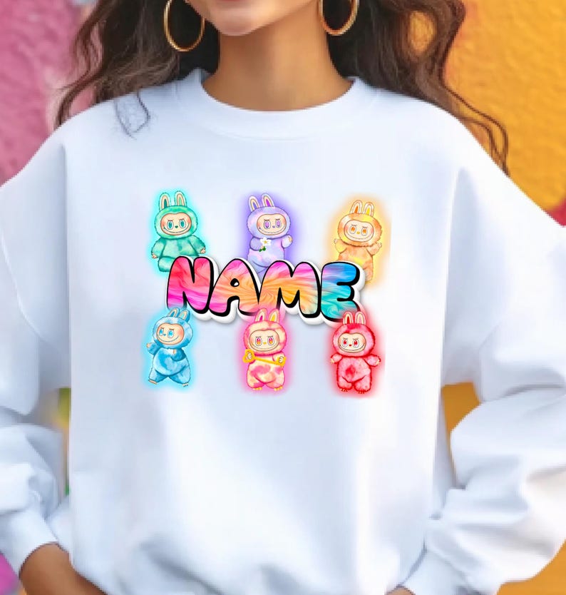 Personalized Neon Monster Plush Doll Sweatshirt, Kawaii Anime Crewneck, Viral Trendy Sweater image 9