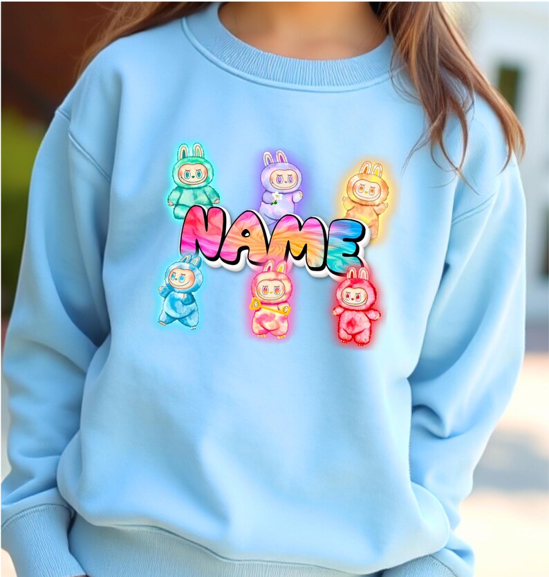 Personalized Neon Monster Plush Doll Sweatshirt, Kawaii Anime Crewneck, Viral Trendy Sweater image 7