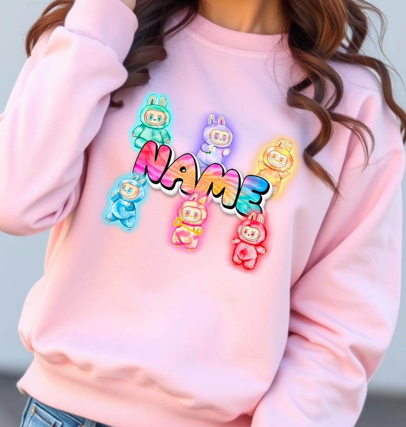 Personalized Neon Monster Plush Doll Sweatshirt, Kawaii Anime Crewneck, Viral Trendy Sweater image 14