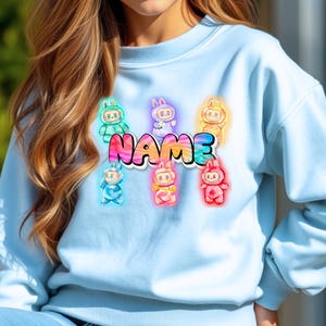 Personalized Neon Monster Plush Doll Sweatshirt, Kawaii Anime Crewneck, Viral Trendy Sweater image 11