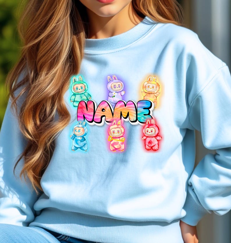 Personalized Neon Monster Plush Doll Sweatshirt, Kawaii Anime Crewneck, Viral Trendy Sweater image 11