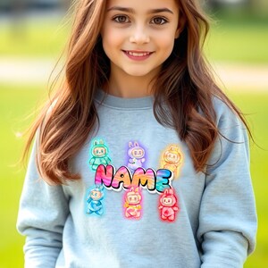 Personalized Neon Monster Plush Doll Sweatshirt, Kawaii Anime Crewneck, Viral Trendy Sweater image 4