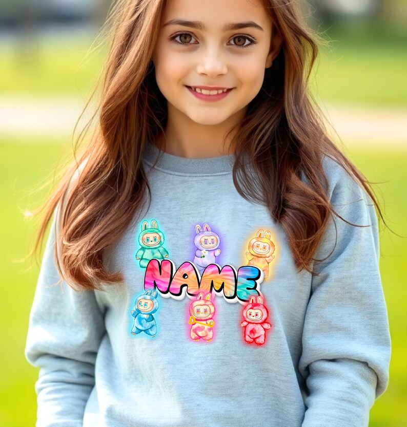 Personalized Neon Monster Plush Doll Sweatshirt, Kawaii Anime Crewneck, Viral Trendy Sweater image 4