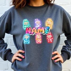 Personalized Neon Monster Plush Doll Sweatshirt, Kawaii Anime Crewneck, Viral Trendy Sweater image 10