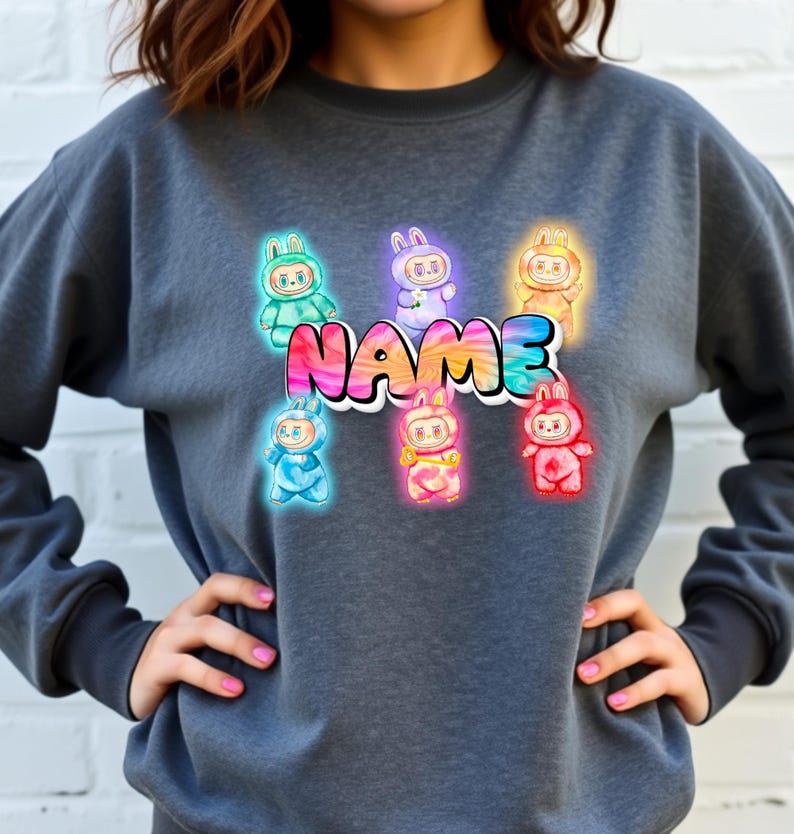 Personalized Neon Monster Plush Doll Sweatshirt, Kawaii Anime Crewneck, Viral Trendy Sweater image 10