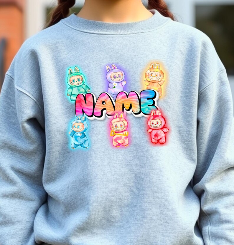 Personalized Neon Monster Plush Doll Sweatshirt, Kawaii Anime Crewneck, Viral Trendy Sweater image 13
