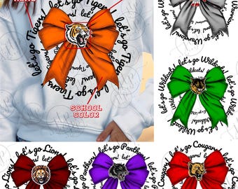 May include: A set of five sublimation designs featuring a bow with a mascot head in the center. The text around the bow reads "Let's go [Mascot Name]" in a circular pattern. The mascots include a tiger, a warrior, a wildcat, a panther, and a cougar. The bows are in various colors, including orange, gray, green, purple, and red.