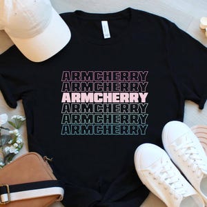 Armcherry Armchair Expert Podcast Fan Tee Shirt, Bella Canvas 3001, Rainbow Gradient Repeating Vertical Text Pattern, Podcast Merch, Unisex