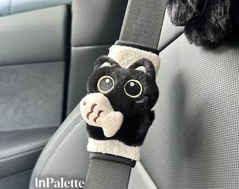 Set of 2 | Cut Fluffy Black Cat Car Seat Belt Cover  for All Cat Lovers  Plush Black Cat Seatbelt Cover (2x)
