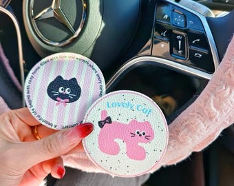 Set Of 2  Pink & Black Cat Car Coaster Pair • Waterproof Leather • Girly Car Decor Set • Gift for Cat Lovers • Tesla • All Cars