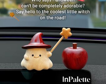 A Set | Tesla Cute Ghost Witch Car Decor • Handcrafted Wooden Halloween Dashboard Accessory • Center Console Decor for Model 3 / Y / S / X