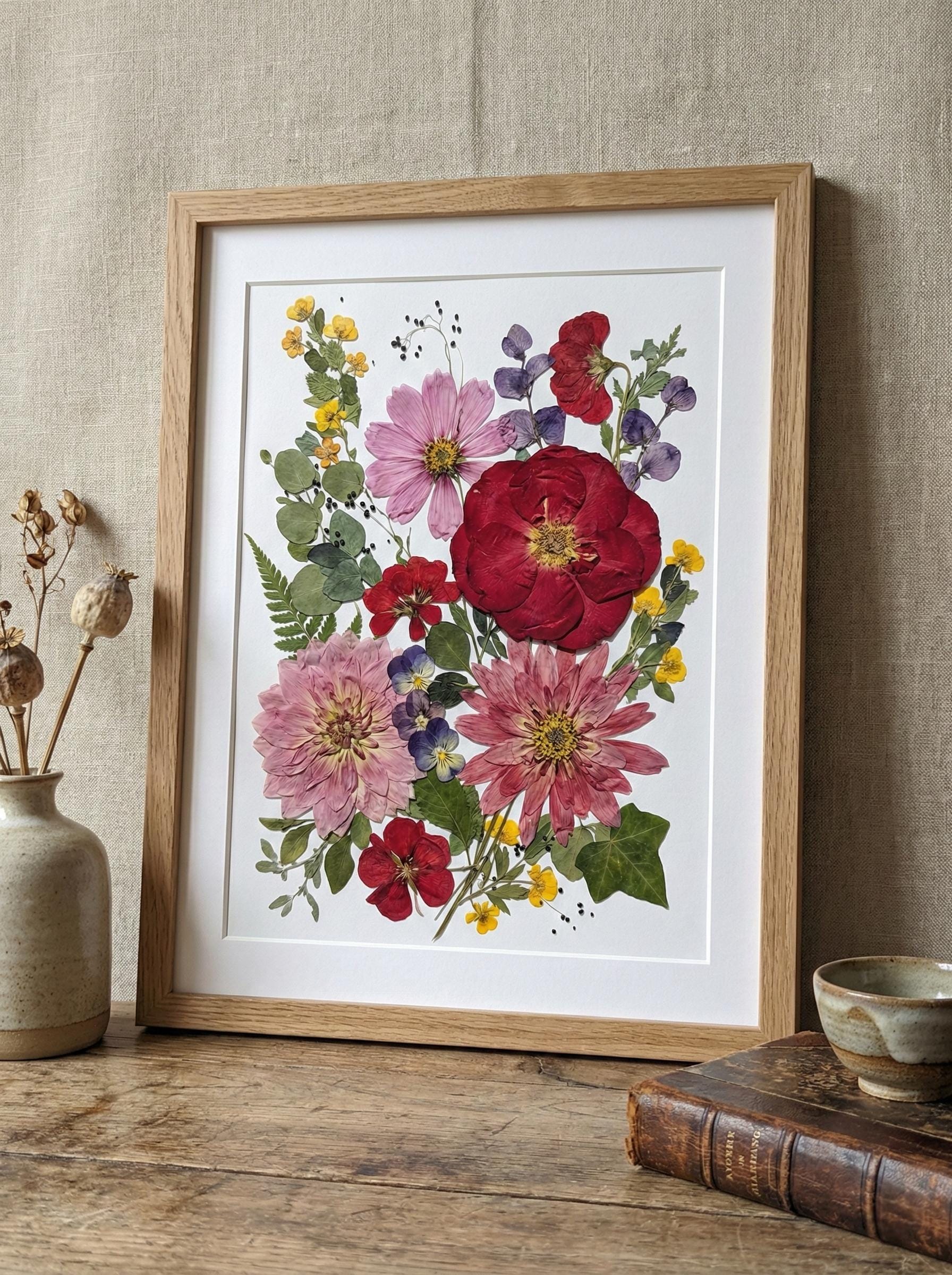 Real Pressed Red Rose Art Framed Botanical Wall Decor Handmade Pink ...