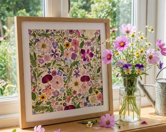 Può includere: Una cornice in legno chiaro incornicia una stampa floreale con un collage di fiori pressati nei toni del rosa, viola e giallo. Un vaso di fiori freschi e un annaffiatoio sono sul davanzale della finestra di legno.