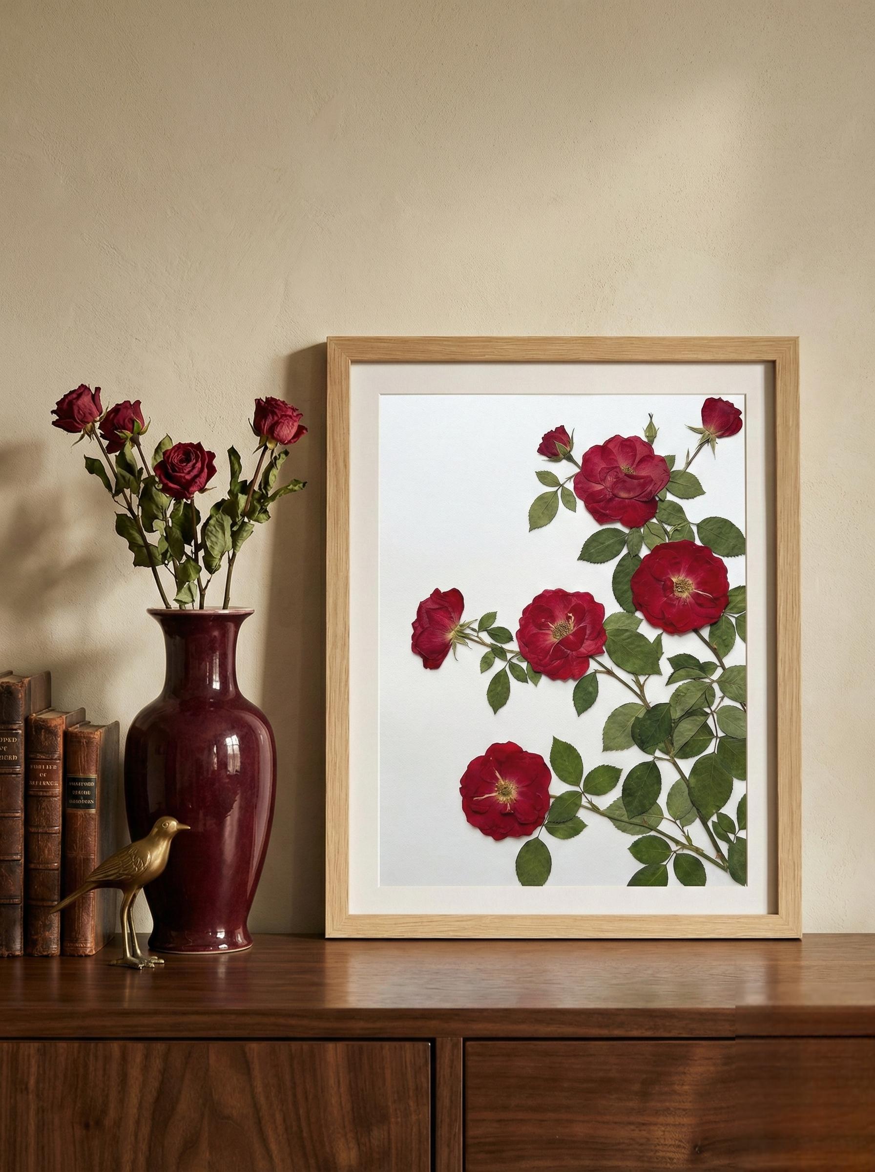 Real Pressed Red Rose Art Framed Botanical Wall Decor Handmade Crimson ...