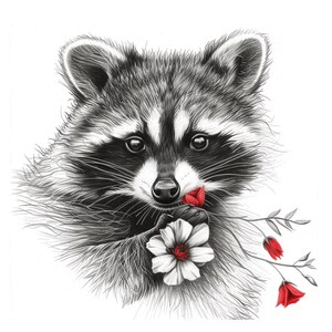 Puede incluir: Un dibujo a lápiz en blanco y negro de un mapache sosteniendo una flor blanca con acentos rojos. El mapache tiene una expresión juguetona y mira directamente al espectador.