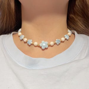 Cottagecore Flower Choker, Adjustable Blue Ceramic Bead Necklace, Coquette Soft Girl Jewelry, Boho Summer Gift for Her