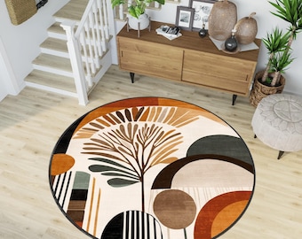 Mid Century Boho Round Rug, Stylish Contemporary Abstract Round Rug, Unique Large Rug, Modern Minimalist Rug, Home Decor Rug for Living Room