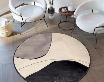 Mid Century Boho Round Rug, Stylish Contemporary Abstract Round Rug, Unique Large Rug, Modern Minimalist Rug, Home Decor Rug for Living Room