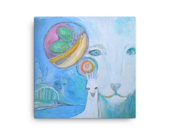 The White Peacock and Lion stretched canvas print 16x16