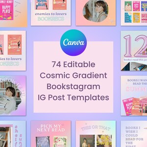 May include: A collection of 74 editable Instagram post templates for bookstagram featuring a cosmic gradient design. The templates include various layouts with text overlays such as "enemies to lovers bookrecs", "books I want to read this summer", and "pick my next read".