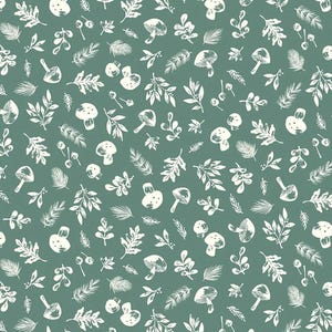 Yuletide Forest Woodland C13542 Sage - Riley Blake Designs - Christmas Cream Leaves Mushrooms