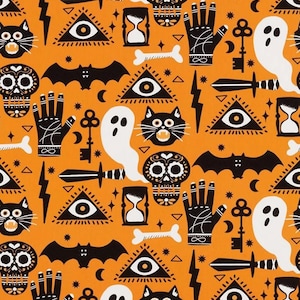 May include: Orange fabric with a repeating pattern of black and white Halloween-themed illustrations. The design includes skulls, cats, bats, ghosts, hands, hourglasses, keys, and triangles with eyes.