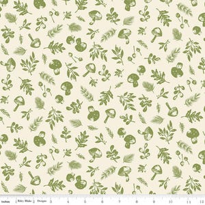 Yuletide Forest Woodland, Cream - Riley Blake Designs - Christmas Cream Leaves Mushrooms