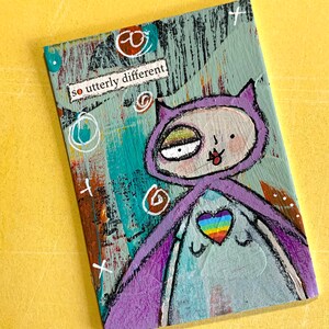 Carte à collectionner artiste ATC ACEO, cape de chat, coeur arc-en-ciel, poésie trouvée