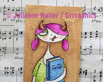 Bookish girl ACEO / ATC original watercolor