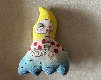 Art Doll blue yellow red creature Stuffie ooak Shelf Decor Hanging Doll hand painted embroidered