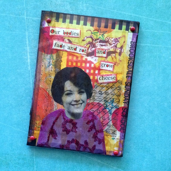 Vintage advertising photo with cheesy found poetry mixed media collage ATC ACEO