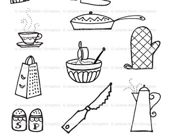 Rétro cuisine Goodies noir et blanc Clipart : Pots, casseroles, couverts, mitaines de four, ustensiles de cuisine