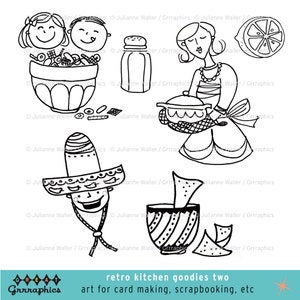 Rétro cuisine Goodies Part Two : Cuisiniers et nourriture, nachos et salsa, femme au foyer noir et blanc clipart numérique