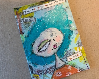 Blue Hair Woman Found Poetry ATC ACEO Artist Trading Card