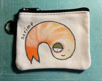 Zipper pouch wallet change purse hand painted card holder scrimp shrimp anthropomorphic food