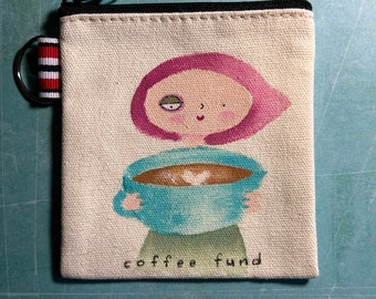 Zipper pouch wallet change purse hand painted card holder coffee lover latte cappuccino