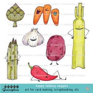 Puede incluir: Un conjunto de nueve ilustraciones de dibujos animados coloridos de verduras con caras felices. Las verduras incluyen una alcachofa, zanahorias, apio, ajo, una patata, espárragos y un chile. Las ilustraciones están dibujadas en un estilo caprichoso con colores brillantes y líneas simples. El texto "happy talking veggies" y "art for card making, scrapbooking, etc." está incluido en la imagen.