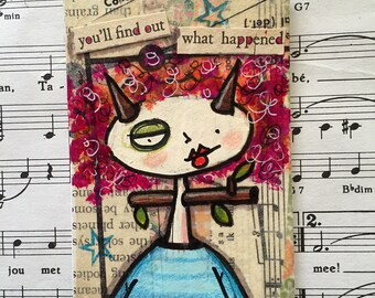 Original mixed media found poetry ACEO / ATC pink hair horn lady