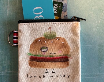 Zipper pouch wallet change purse hand painted card holder lunch money cheeseburger anthropomorphic food