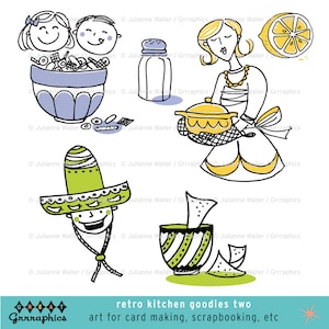Artigos de cozinha retrô, parte dois: cozinheiros e comida, nachos e salsa, clipart digital de dona de casa