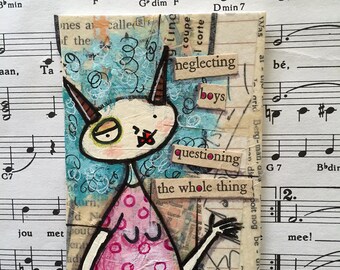 Original mixed media found poetry ACEO / ATC blue haired lady with horns