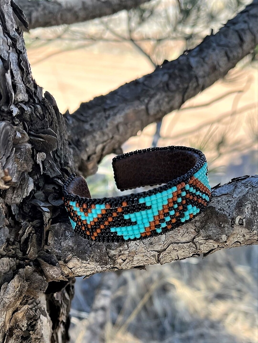 thumbnail image 2 of Handmade Turquoise Beaded Stretch Cuff Bracelet With Wood Buckle - Blue, Indonesia 2 of 6