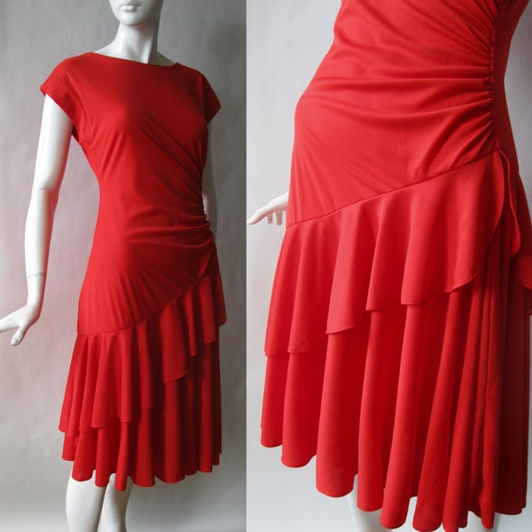 1980's red dancing dress, with layered flowy skirts, side ruched bodice, and dropped waist, small / medium