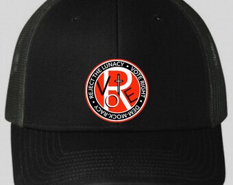 Black and Gray (Red and White lettering) Baseball Cap. Political statement: Dem-mock-racy, Reject the lunacy, Vote Right