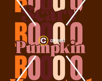 Puede incluir: Un diseño gráfico con las palabras "Boo", "Scary", "Boo", "Pumpkin", "Boo" y "Haunted" en un estilo retro con colores naranja, rosa y marrón.